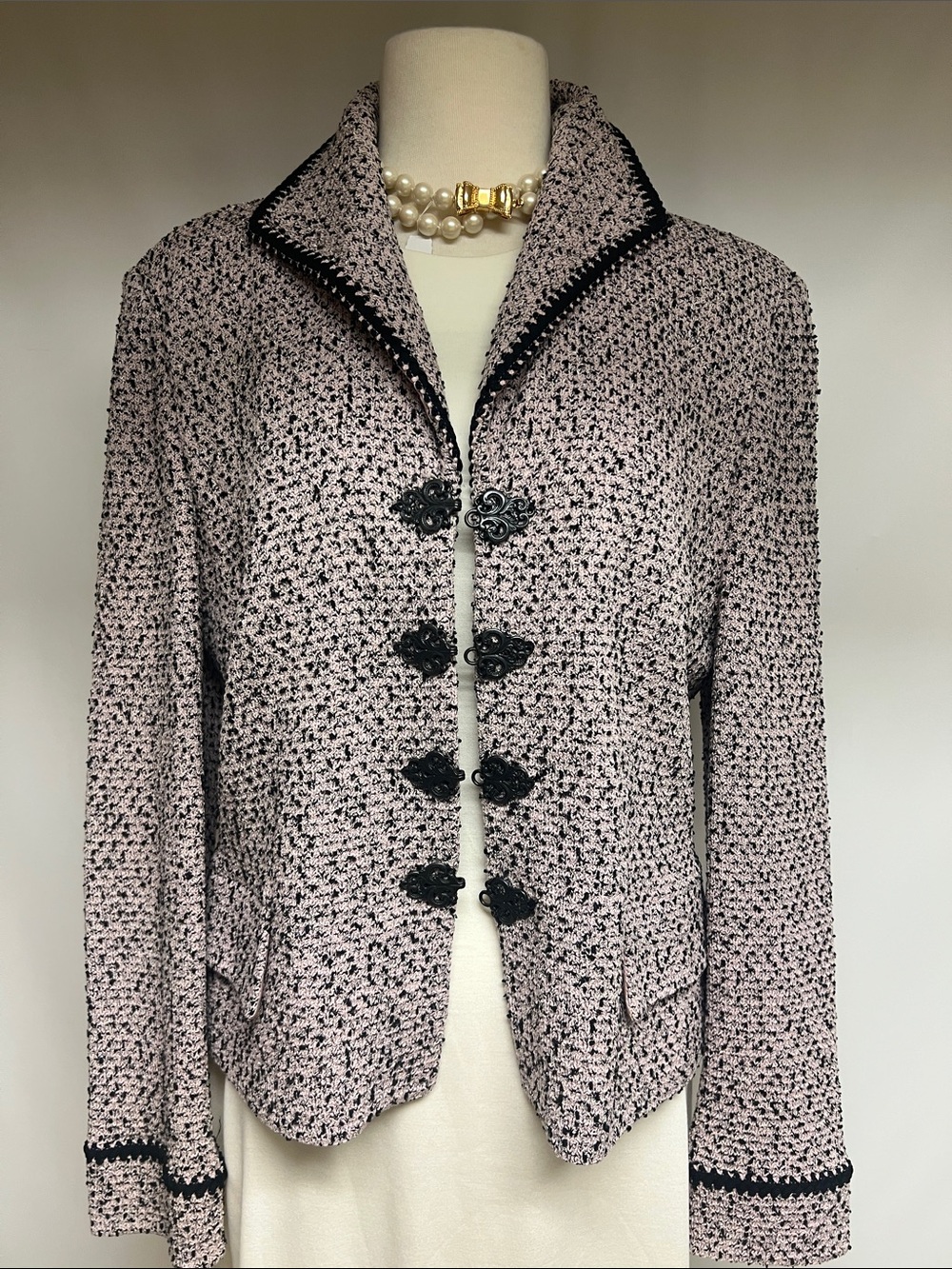 St. John Pink and Black Tweed Jacket with Decorative Buttons